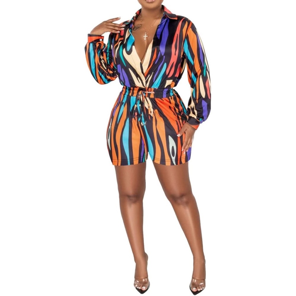 “Crazy About You” Plung V-Neck Multicolor Long Sleeve Romper Jumpsuit